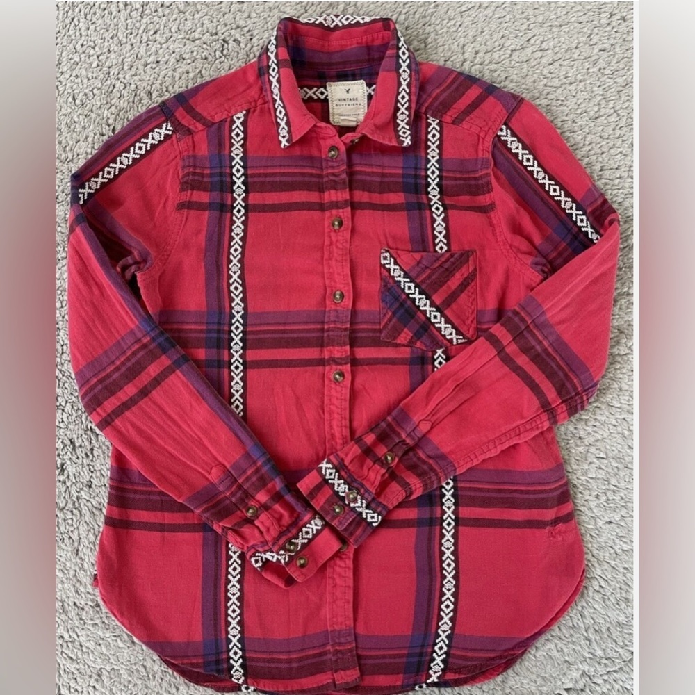 American Eagle Shirt Women's Large Vintage Boyfriend Button Up Red